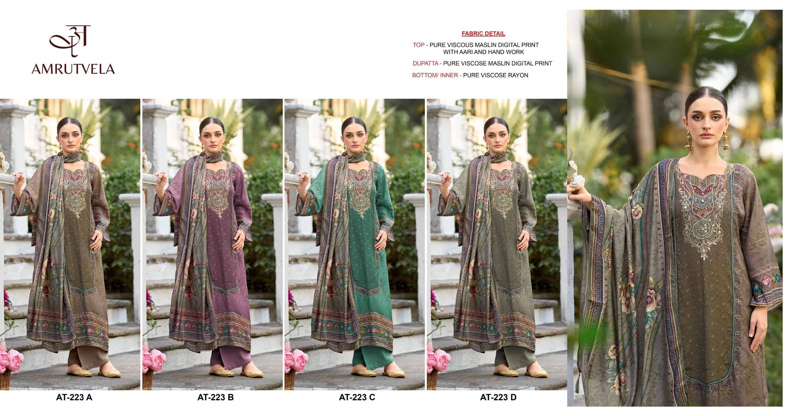 AT223 By AMRUTVELA Pakistani Stylish Beautiful Colourful Printed & Embroidered Party Wear & Occasional Wear Pure viscous Dresses At Wholesale Price